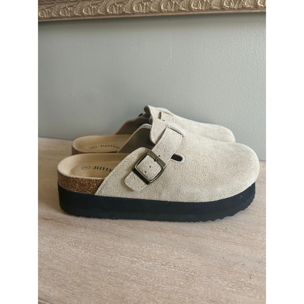 Rihero Suede Slip On mules Beige Platform Sole Cushioned Footbed  Casual Comfort - Picture 5 of 11